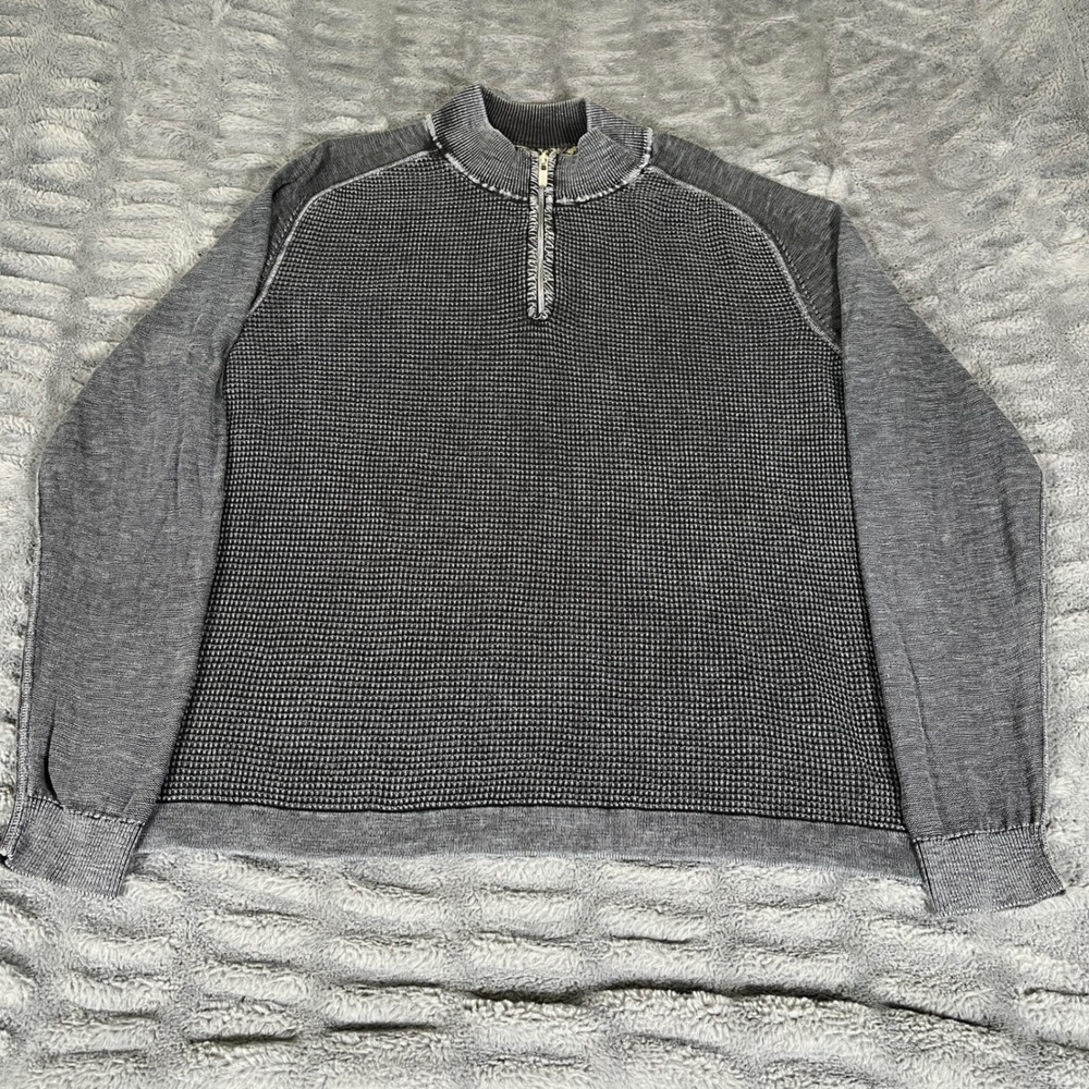 Tommy Bahama Mens XL Charcoal Gray 100% Cotton Waffle Knit Quarter Zip Pullover